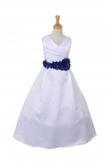 White/Royal Blue Bridal Satin Flower Girl Dress with Removable Flower Sash 